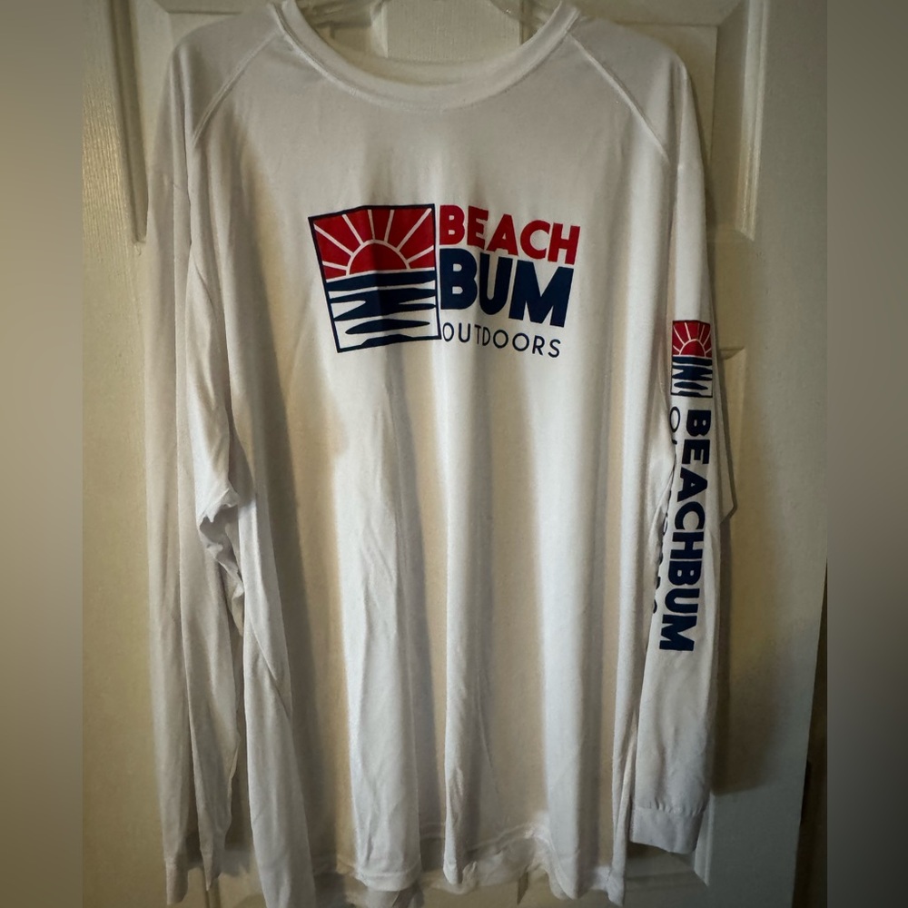 Beach Bum Outdoors White Long Sleeve Tee with Red and Blue Graphics